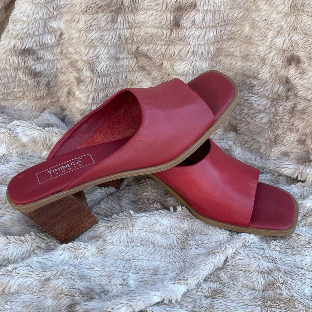 TRIBECA Studio Red Slide Sandals with Low Block Heel - Picture 7 of 8
